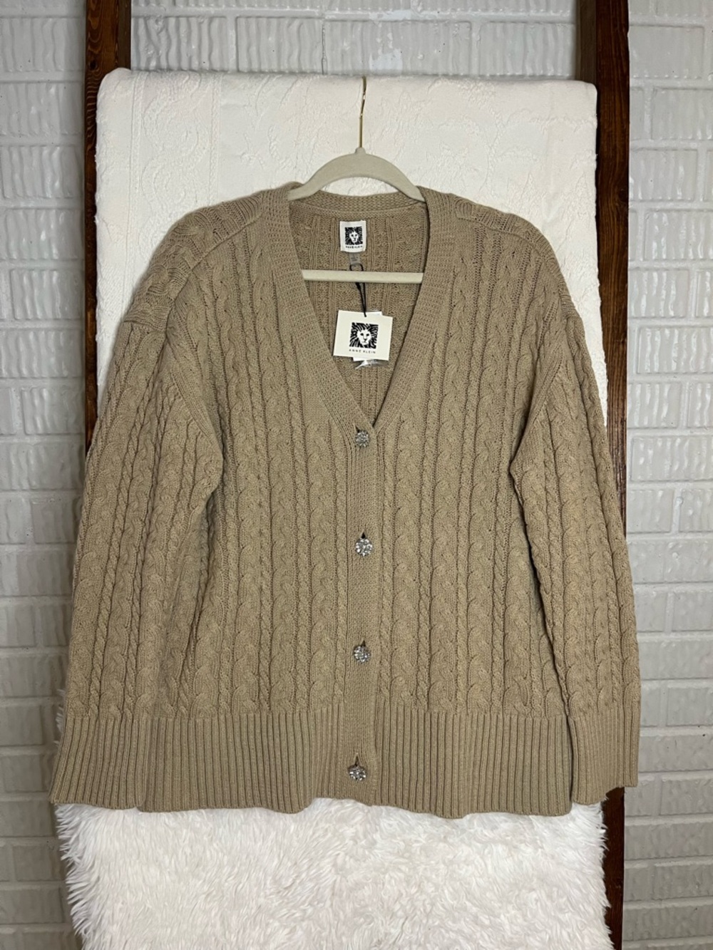 Anne Klein Cable Knit Women’s Large Cardigan with Rhinestone Buttons